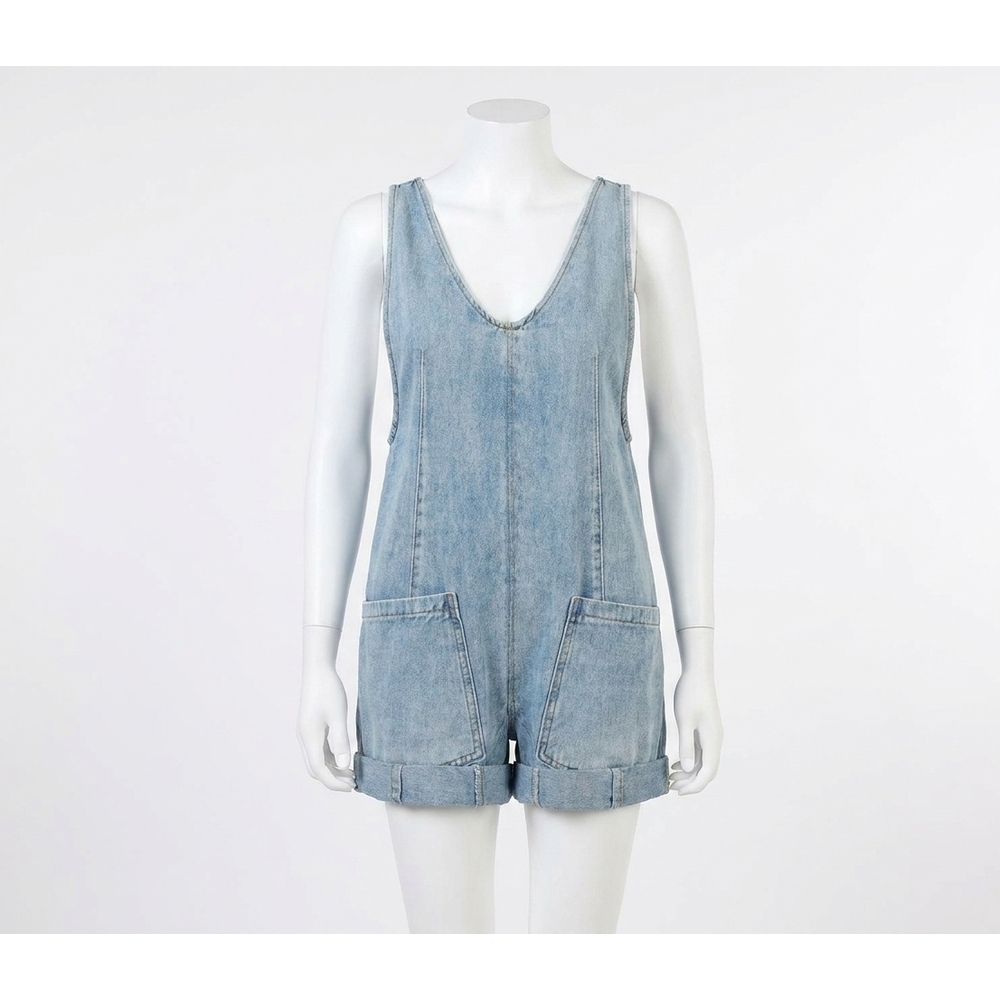 NEW ZENANA whispering sky denim romper in blue